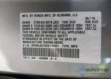 2019 Honda Odyssey Ex-L z USA, uszkodzony, nr VIN 5FNRL6H78KB136531